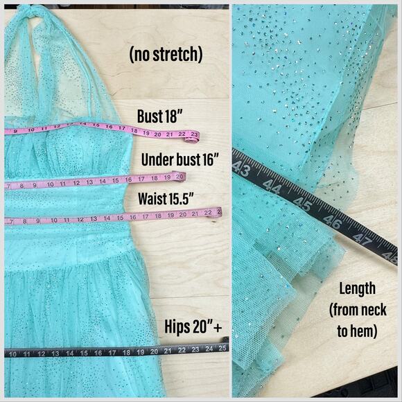 Vintage 1990s Aqua Tulle Halter Fit and Flare Prom Dress - Picture 7 of 8